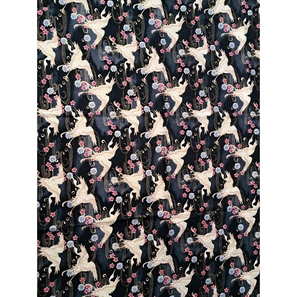 JOANN Cotton Quilt Fabric Japanese Cranes Floral on Black 1 Yard